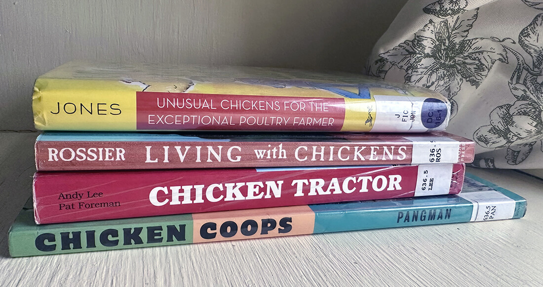 4 titles: Unusual chickens for the exceptional poultry farmer, Living with chickens, Chicken tractor, Chicken coops.