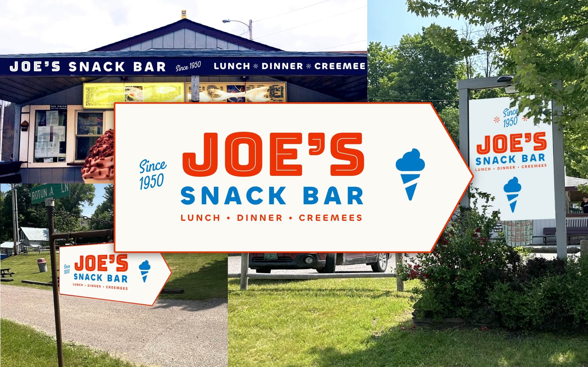 My version of the logo plastered on their front building, parking sign, and road sign, with red white blue, retro fonts, and icecream clipart.