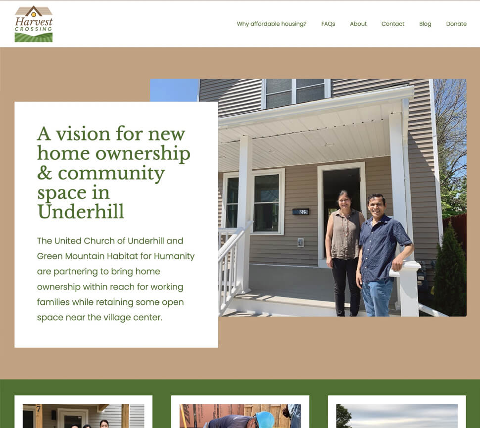 screenshot of the homepage with an image of a happy family on a porch. the main text reads - A vision for new homeownership & space in Underhill 