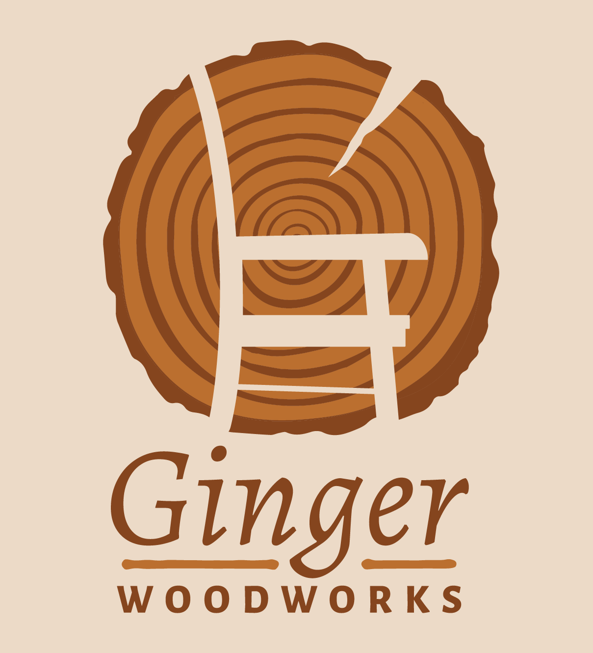 logo reading Ginger Woodworks with an image of a crosscut log with a crack and a chair cut out of the log 