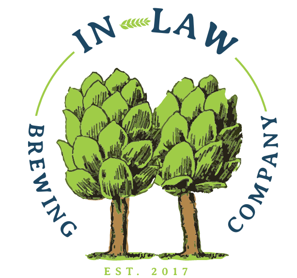 circular logo reading In-law Brewing Company, EST. 2017, with two trees resembling a beer hop side-by-side