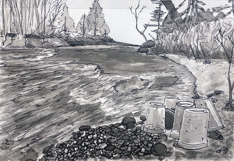 drying sap buckets by river