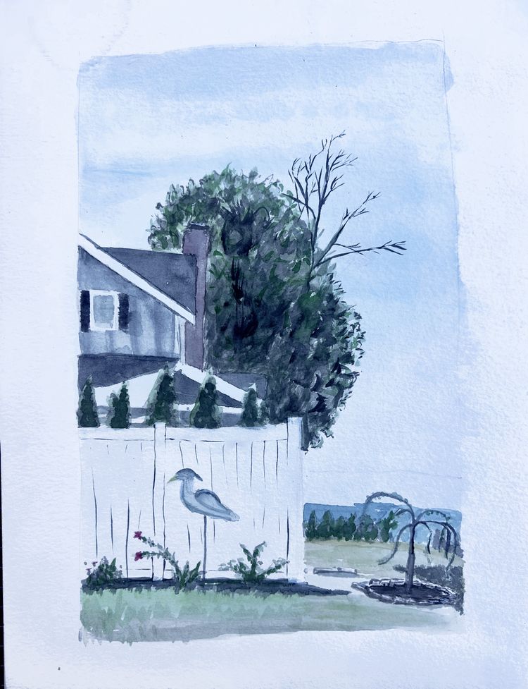 watercolor fence heron river