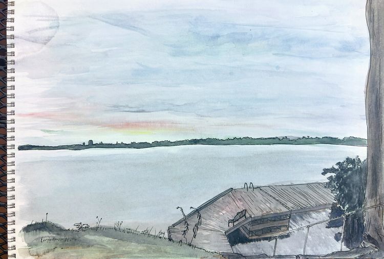 watercolor river dock sunset