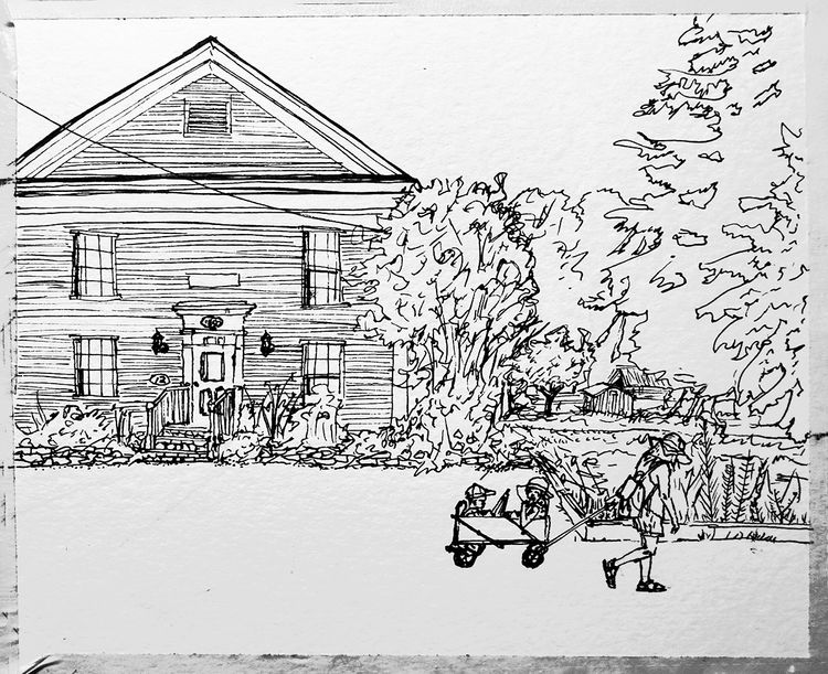 pulling kids by town hall sketch