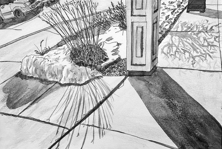 strip mall sidewalk shadows and snow 