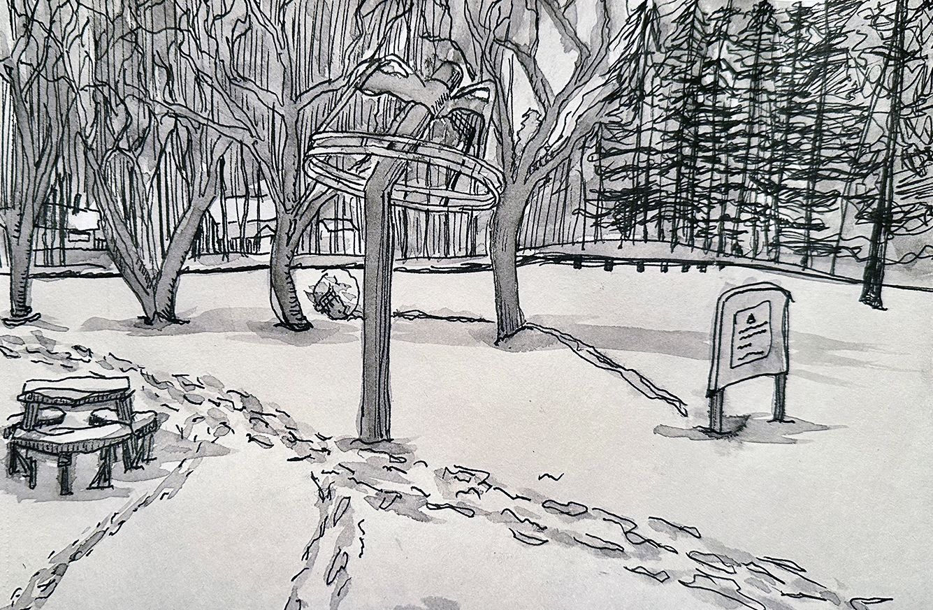 Pen and inkwash drawing of a park in winter, in Essex, Vermont,  covered in snow with trees and a picnic table.