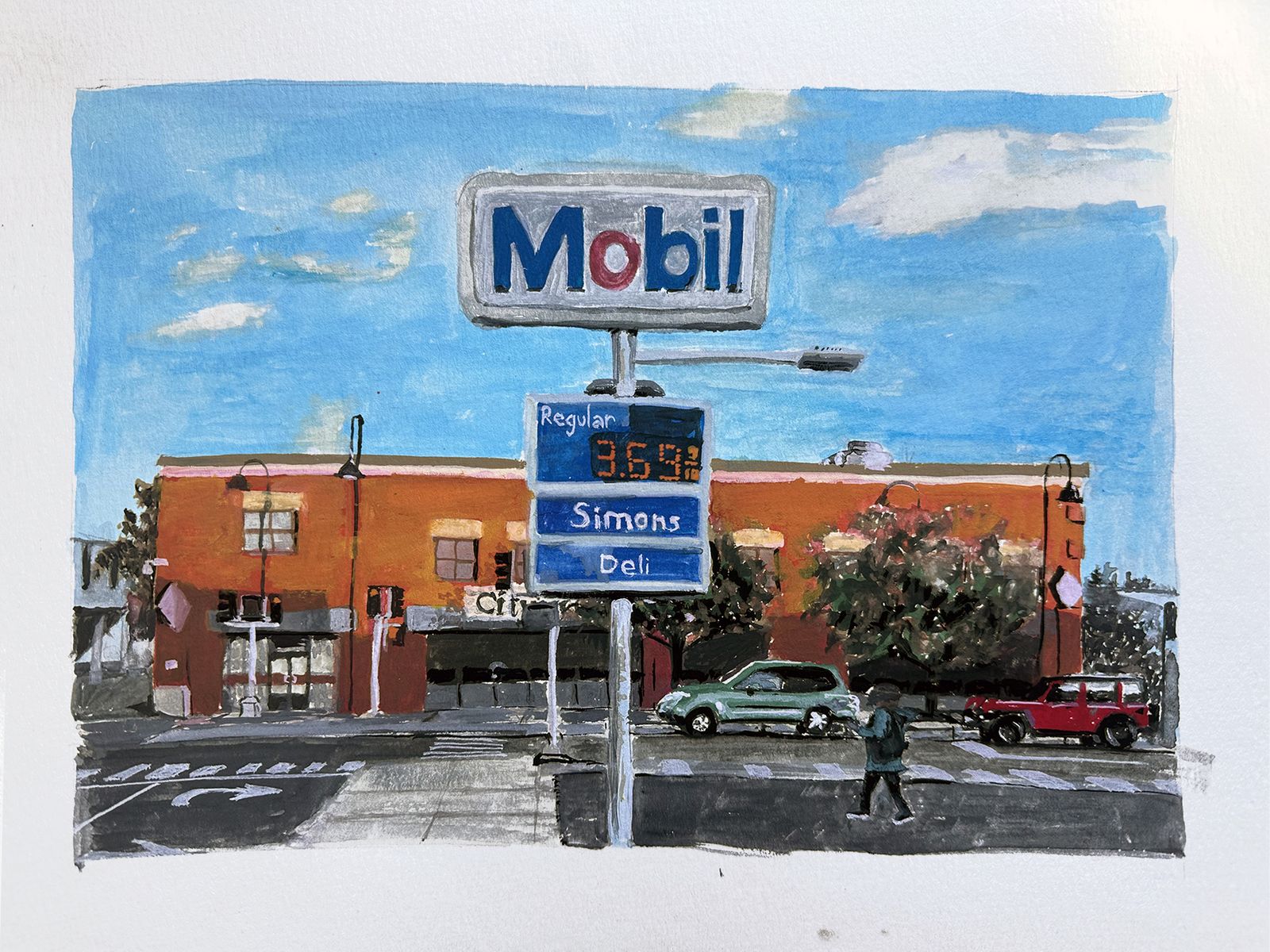 Gouache painting of a mobile station sign in front of city market, a grocery store co-op in Burlington, Vermont during golden hour