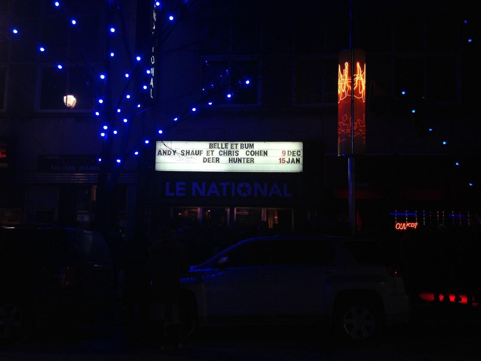 Marquee from the venu at night with this show and an upcoming one