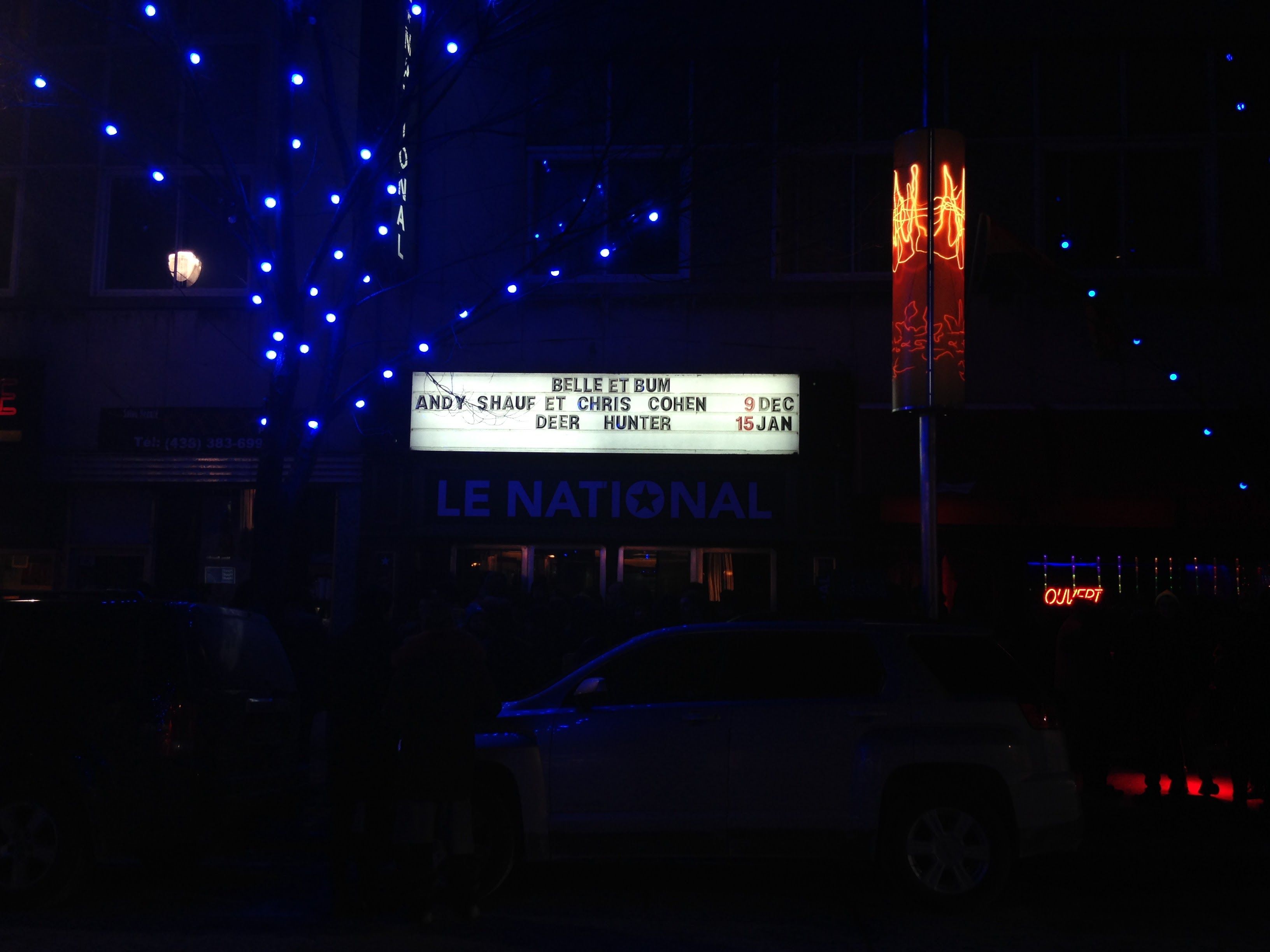 Marquee from the venu at night with this show and an upcoming one