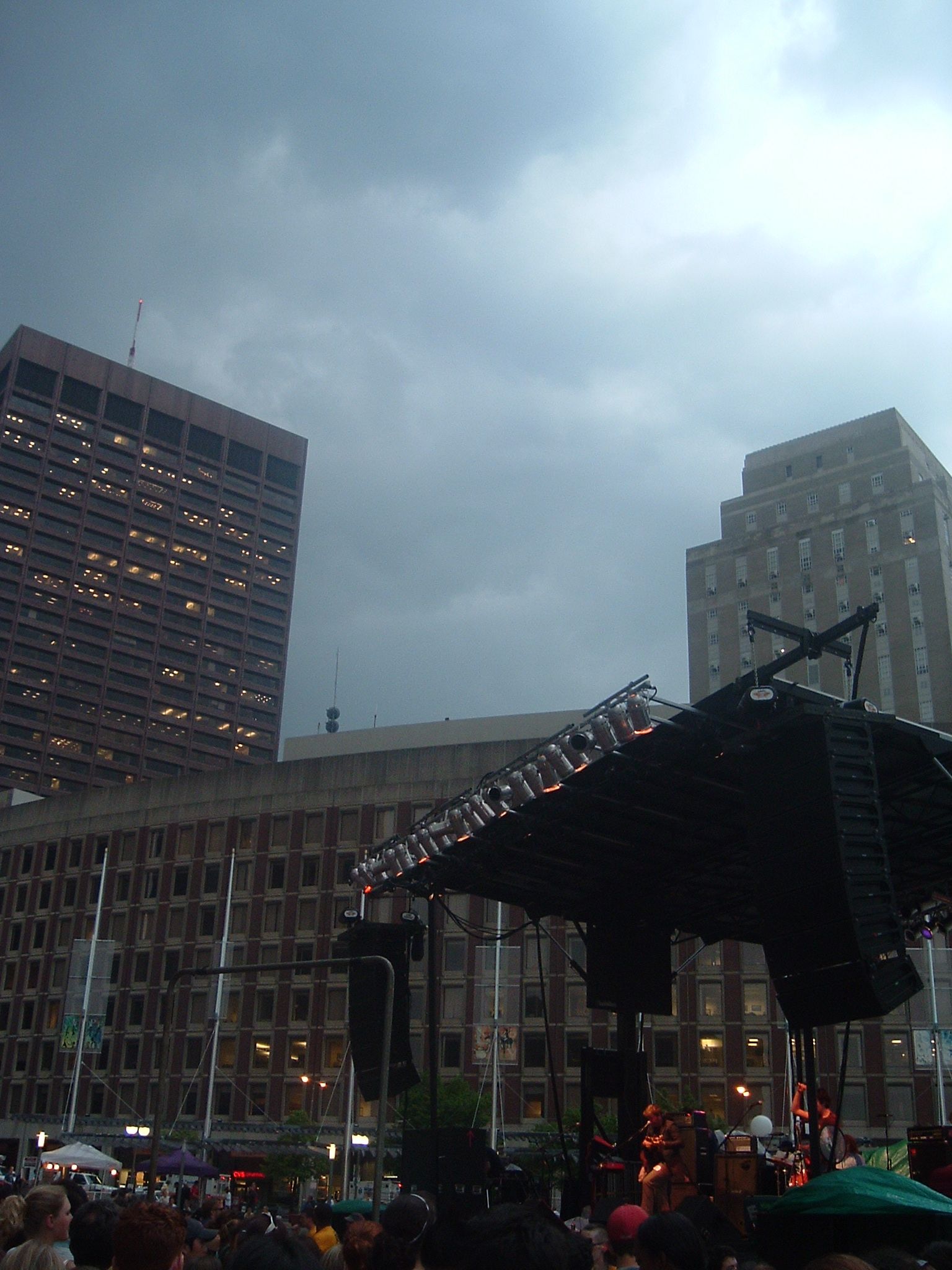 Rainy sky over City Hall Plaza during the Dashboard Confessional show