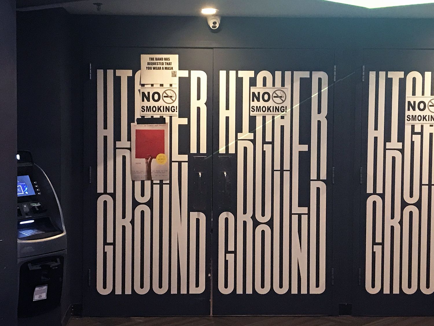 Lobby of Higher Ground - with sign saying, the band requests that you wear a mask