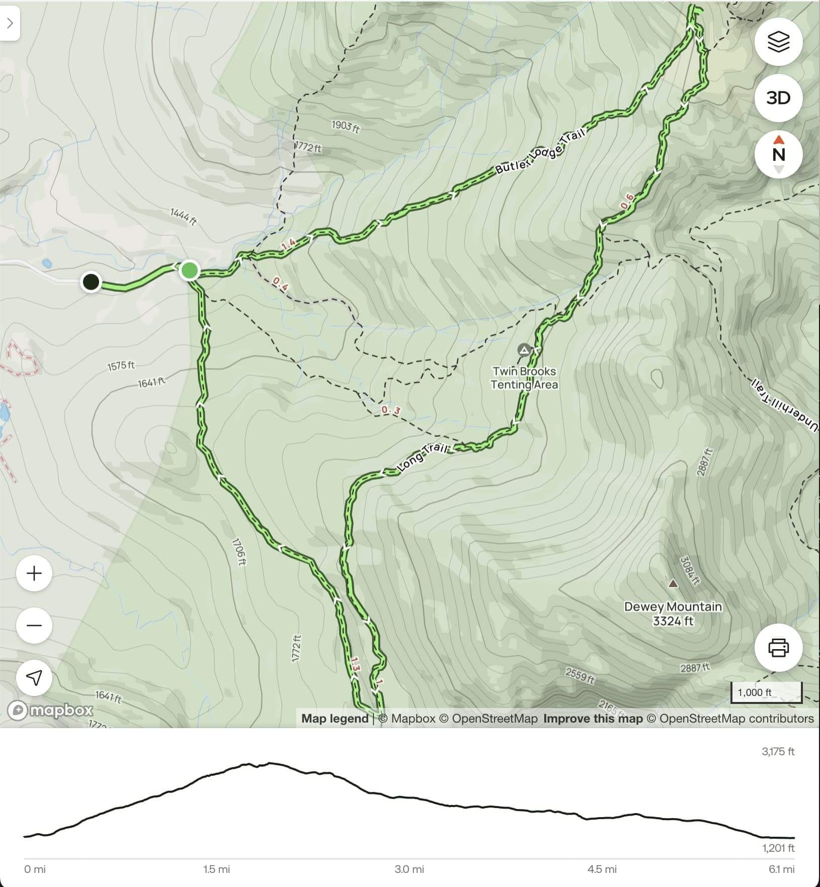 Map of the triangular route, with an elevation map