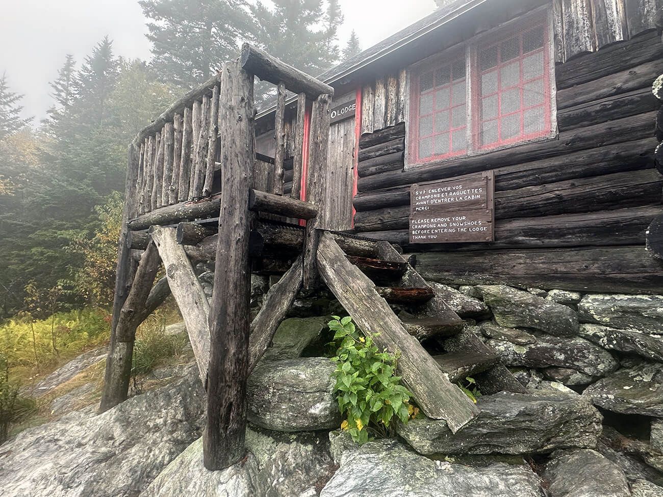 Entrance to the trail lodge, ruggedly built on uneven rock
