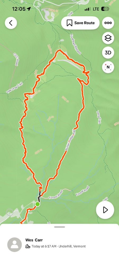 Strava route map showing the full loop: Frost up, Maple Ridge across, Long Trail to the Forehead, then Butler Lodge down