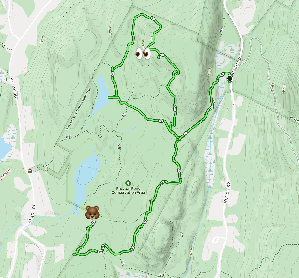 Preston Pond map showing where the bear and lookout point was