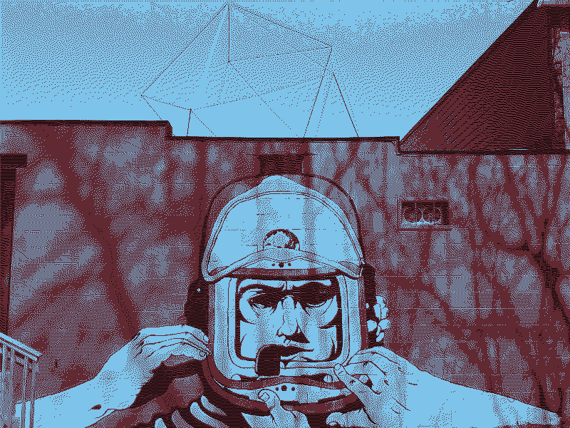 Spaceman graffiti with afternoon shadows on brick