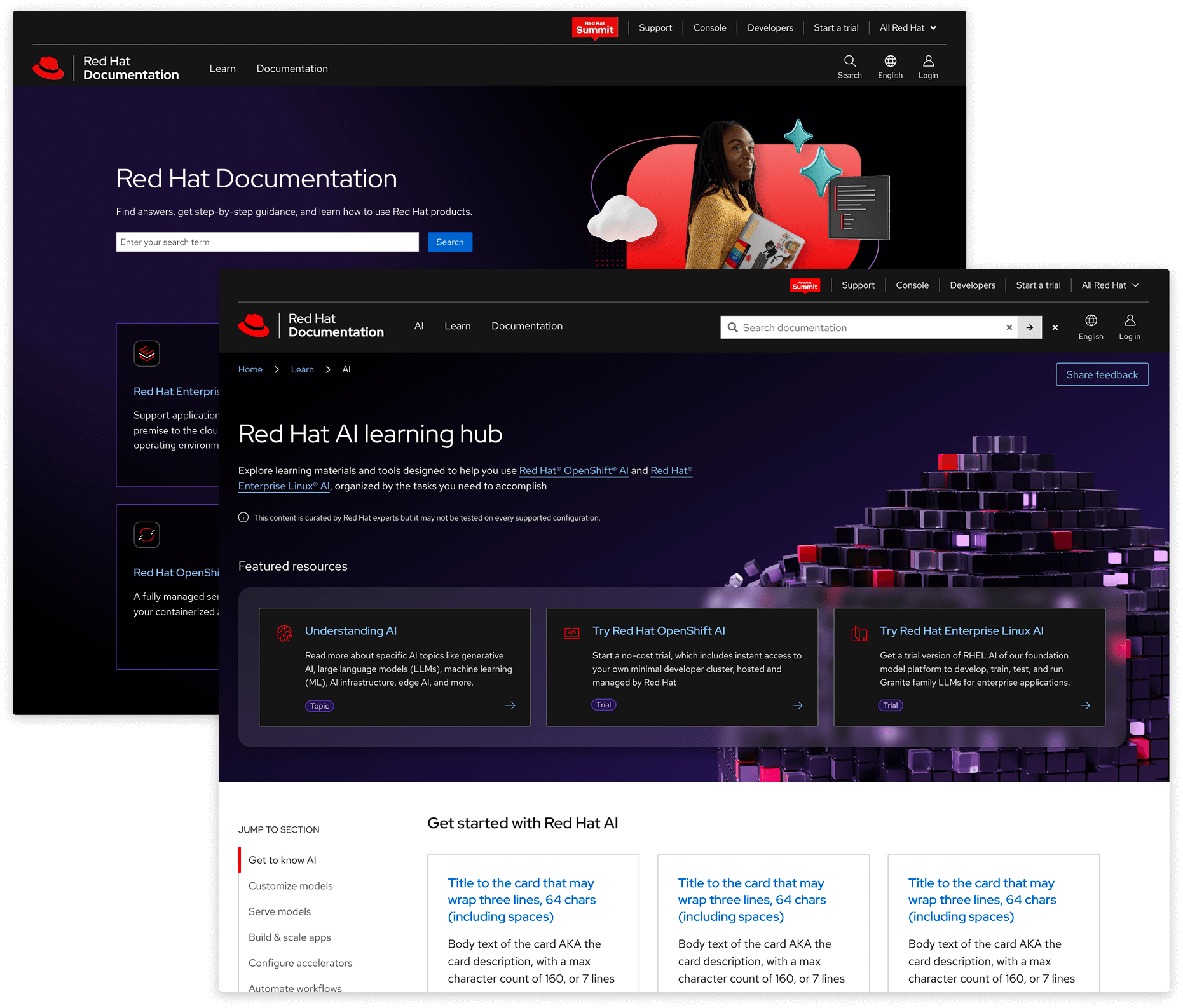 Red Hat documentation homepage and an inner learning page about AI